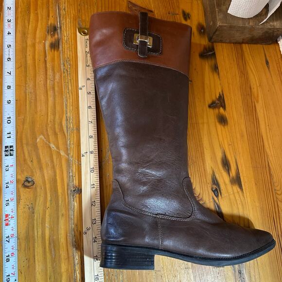 Two Tone Leather Riding Boots Women’s SZ 36 Equestrian Buckle Zip Low Heel Luxe - Picture 10 of 13